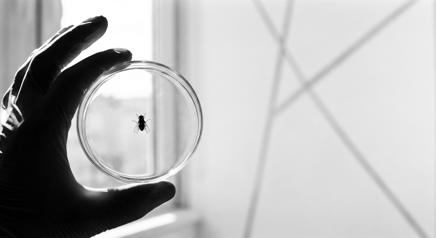 The fly in the petri dish, the network diagram behind it — the specimen and its map